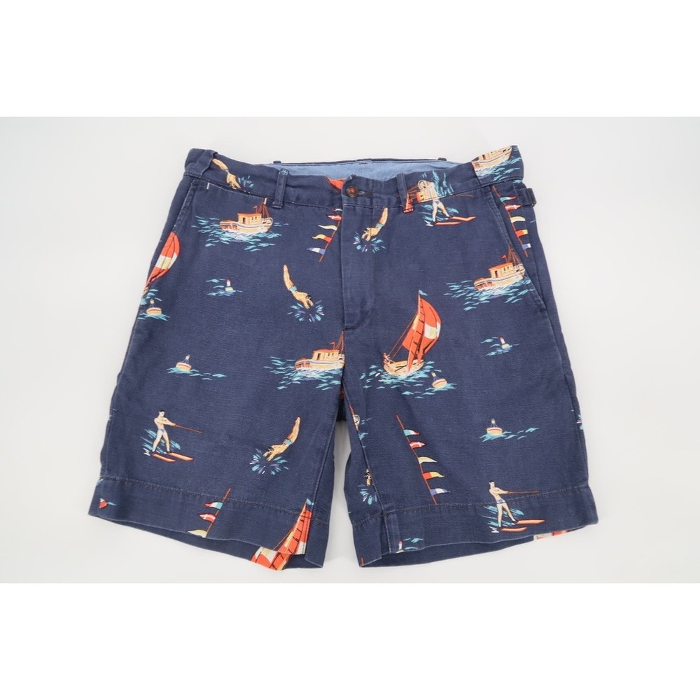 Polo Ralph Lauren Shorts Mens 32 Navy Cotton Linen Chino Retro Print Beach Sail